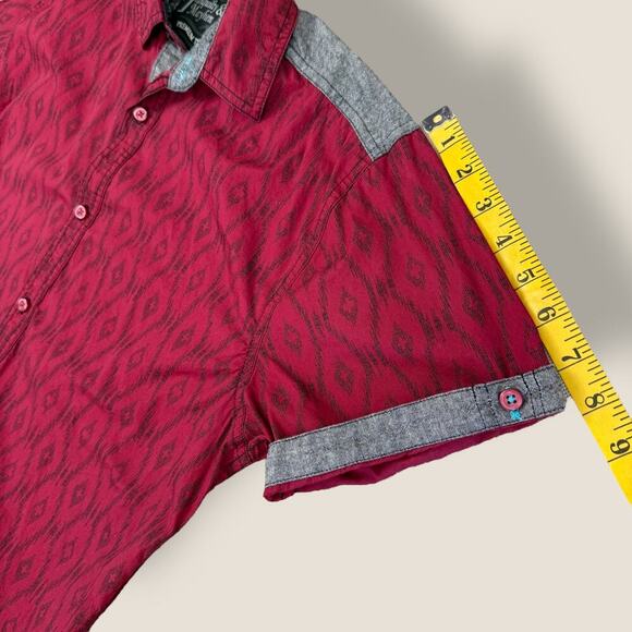 Tranquilty & Mayhem Short Sleeves Button Up Shirt Men Size M Geometric Burgundy - Picture 11 of 13